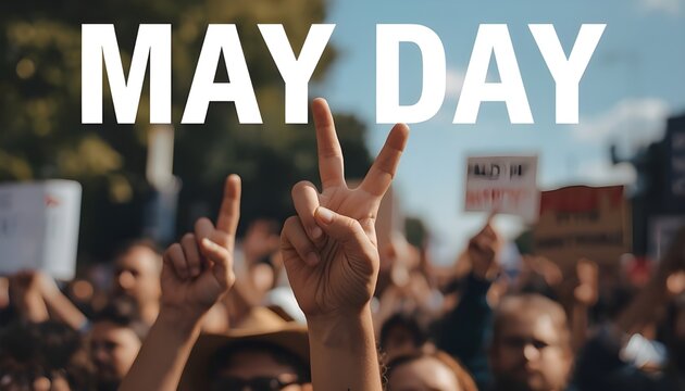 A crowd of people protesting on May Day with hands raised in solidarity