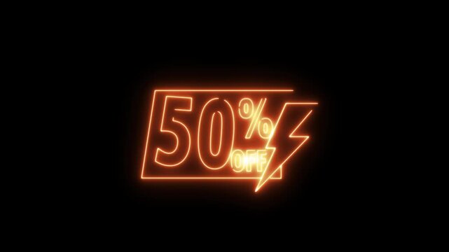 Neon 50 percent off sale sign glowing in dark minimalist style for retail marketing advertising promotions.