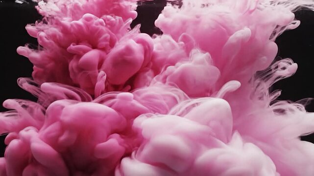 Two clouds of pink liquid swirling together in dark water