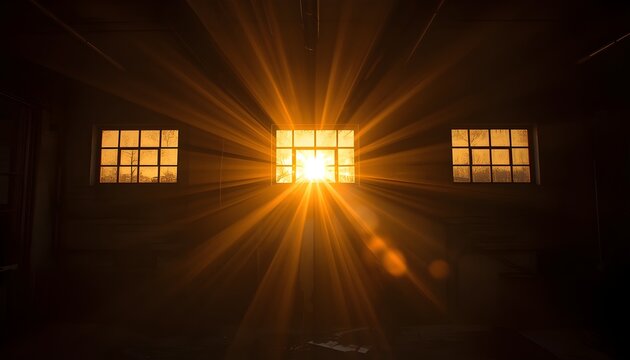 A bright sunbeam shines through a window in a dark room