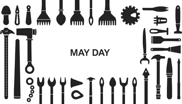A collection of various tools arranged around the words May Day on a white background