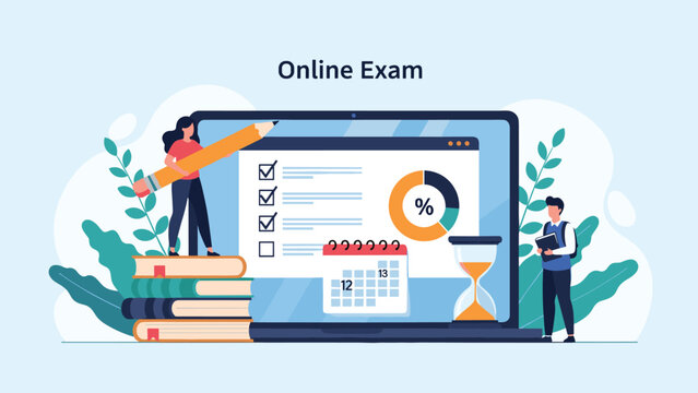 Students taking online exam on laptop with timer calendar and stacks of books illustrating e-learning technology and academic testing process.