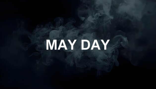 A dramatic dark background with smoke and the words May Day written in white