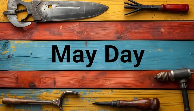 A colorful wooden background with gardening tools and the words May Day written in black text