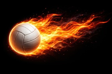 Fototapeta premium White volleyball ball flying through black space with intense orange fire trail and heat.