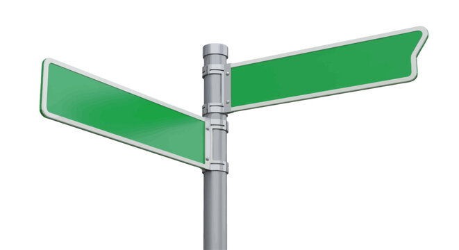 Empty green street sign with arrows pointing in opposite directions on a white background