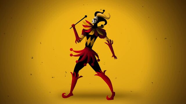 harlequin juggler breathing fire with dramatic flames in theatrical performance