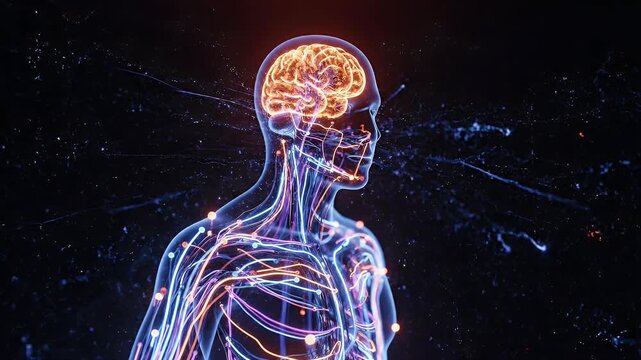 Neon Neural Figure Expressing Brain Energy In Motion.