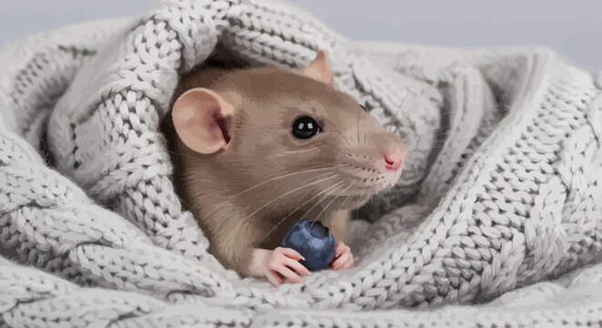 Adorable tan rat peeking out from a cozy knitted blanket, holding a single blueberry in its tiny paws