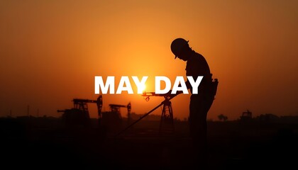 Fototapeta premium A silhouette of a worker in an oil field at sunset with the words May Day superimposed.
