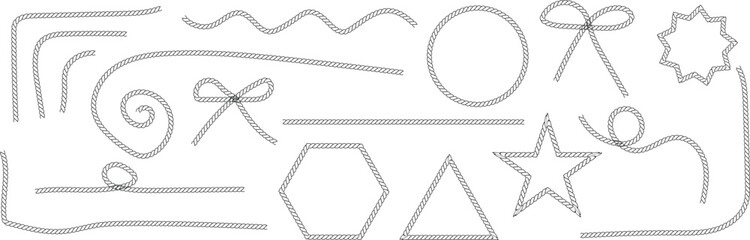 Fototapeta premium Diverse collection of twisted black outline rope elements forming various shapes and lines on a plain white background