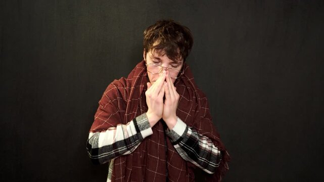 Sinus, blowing nose or portrait of man sick by hay fever illness, flu disease or virus by sneezing with tissue. Allergy problem
