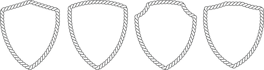 Four distinct shield shapes made from twisted black outline rope lines on a clean white isolated background © Design_a2z