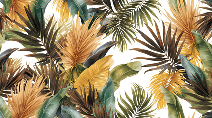 Fototapeta premium Watercolor tropical leaves seamless pattern with palm and banana foliage on white background