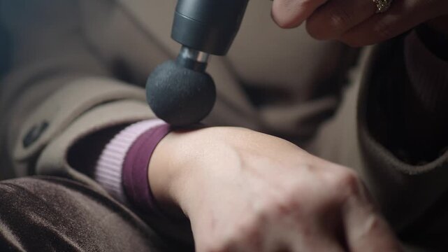 Close up shot of person using massage gun on forearm for muscle recovery motion.