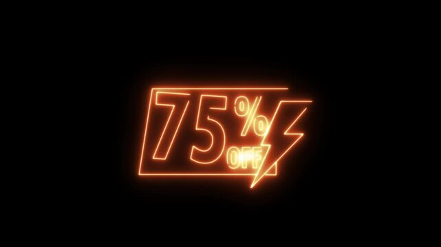 Blue neon 75 percent sale sign with percentage symbol and lightning bolt glowing in dark background for retail discount promotion advertising.