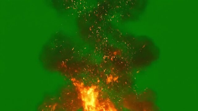 Burning fire with sparks on green screen background in dramatic dynamic lighting for visual effects