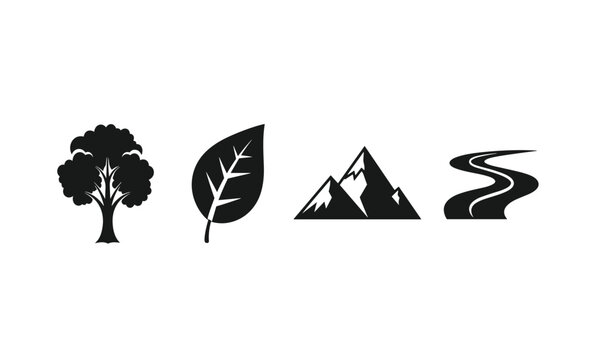 Black icons of tree leaf mountain road.