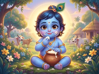 Fototapeta premium Cute Baby Krishna Eating Butter in Peaceful Garden Scene.