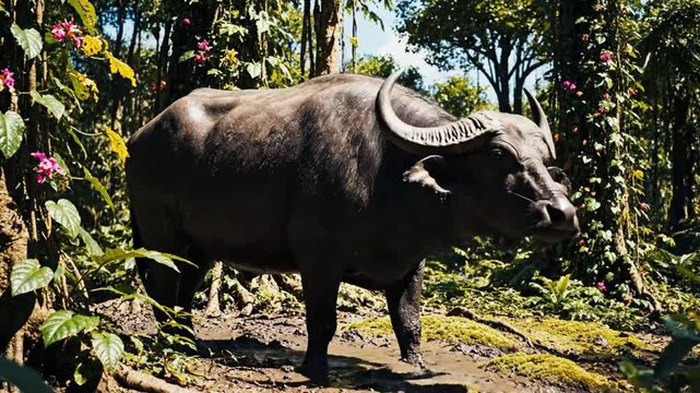 Majestic water buffalo stands in muddy terrain of a tropical forest, surrounded by lush vegetation and sunlight.