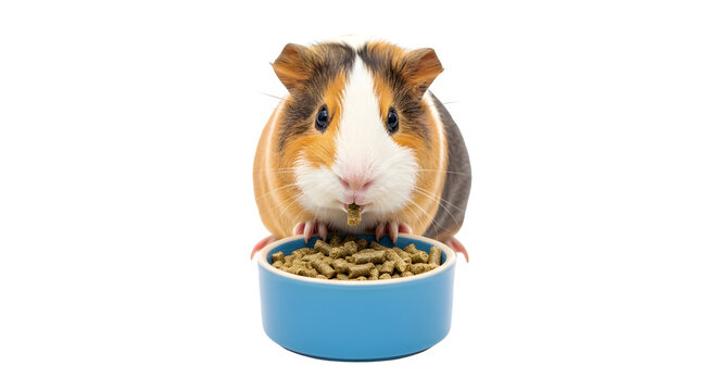 Adorable tricolor guinea pig eating from blue bowl, cute domestic cavy pet with dry food pellets, small rodent animal nutrition and pet care isolated PNG with Transparent Background