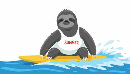 Fototapeta premium Chill Vibes on Waves Adorable Cartoon Sloth Enjoying a Summer Surf Session on a Yellow Board, Radiating Laid-Back Vacation Fun and Tropical Leisure