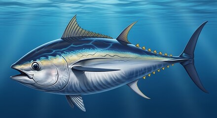 Naklejka premium A detailed illustration of a majestic bluefin tuna swimming gracefully through the deep blue ocean water in clear view illustration