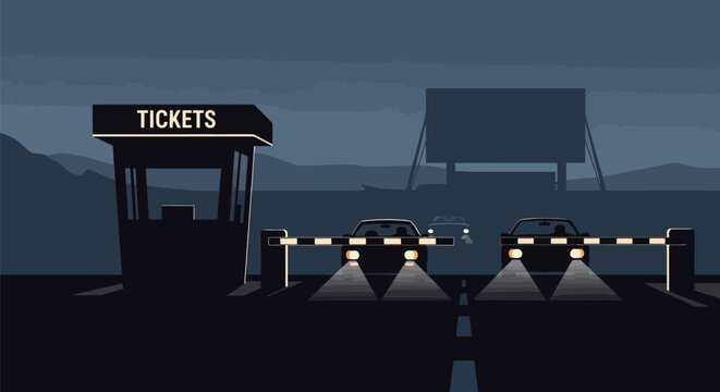 Ticket booth at a toll road with a barrier and cars at night