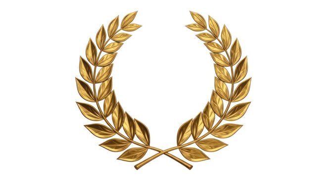 A golden laurel wreath with leaves and a central stem, set against a white background. The laurel leaves are detailed and glossy, symbolizing victory or achievement.