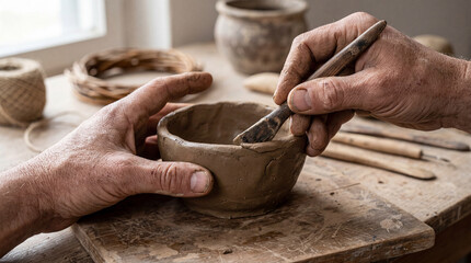 Fototapeta premium Skilled hands meticulously molding earthen clay into a rustic vessel, a timeless craft unfolding within a tranquil studio space
