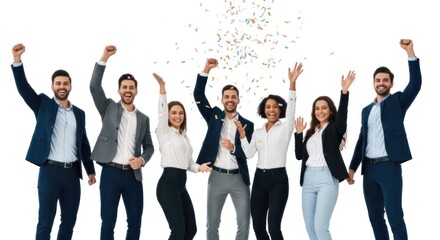 Obraz premium A group of seven people in business attire celebrating with raised arms and confetti falling around them. They are smiling and appear joyful. 