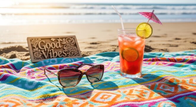 A vibrant beach scene with a colorful towel, sunglasses, a tropical drink, and a sign reading 'Good Vibes' on the sand. The ocean waves are visible in the background