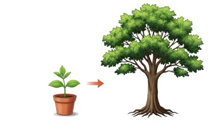 Fototapeta premium A small plant in a pot grows into a large tree with a thick trunk and lush green foliage. The transition from a young seedling to a mature tree is depicted.