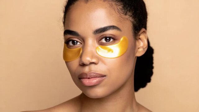 Relaxed young woman with gold under eye patches for skin care routine