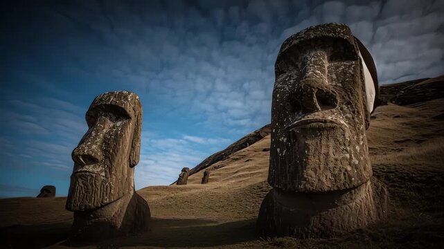 Ancient Moai Stone Statues on the Slopes of Easter Island