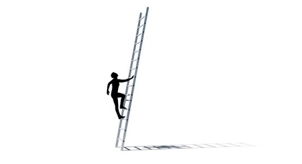 Fototapeta premium A silhouette of a person climbing a ladder against a white background. The ladder is leaning against a wall, and the person is ascending it.