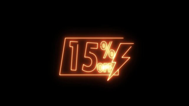 Neon sale sign with percentage discount 15% glowing in dark background for retail marketing advertising promotion.