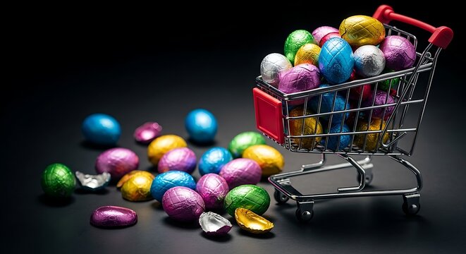 A miniature shopping cart overflowing with colorful foil wrapped chocolate easter egg candies