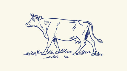 Fototapeta premium Minimalist Blue Line Art Cow Illustration - Hand Drawn Holstein Dairy Cow Vector with Spots and Udder