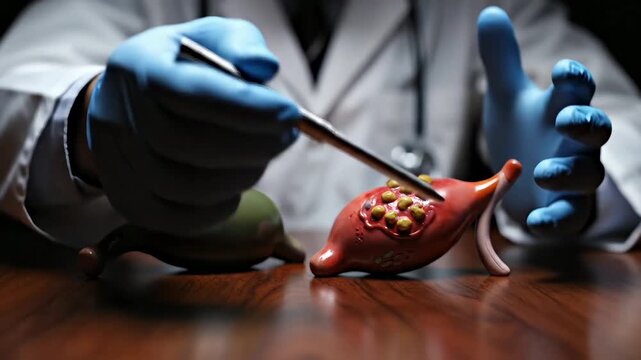 Doctor Explains Gallbladder Stones with Anatomical Models and Surgical Tools.