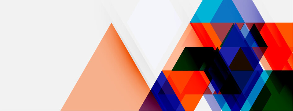 Abstract geometric shapes overlap, creating vibrant color blocks. Orange triangle contrasts with blue, black, white areas. Modern design.