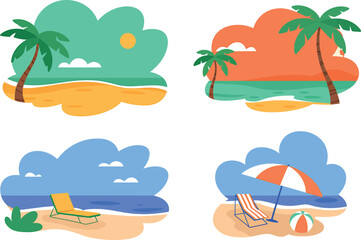 Obraz premium Tropical beach landscape scenes with palm trees sand ocean and summer vacation symbols in cloud shape. Vector illustration