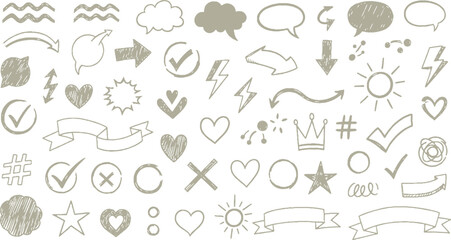 Obraz premium Eclectic collection of hand-drawn doodles: arrows, check marks, hearts, suns, speech bubbles, ribbons, and lightning bolts, check mark