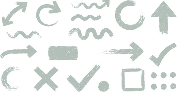 Collection of hand-drawn sketch arrows, check marks, crosses, waves, and symbols with distressed texture on light green background, check mark