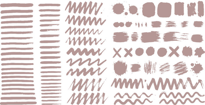 Extensive hand drawn brush stroke and line collection with dots, x marks, and scribbles for artistic textures and creative graphic design elements, brush strokes