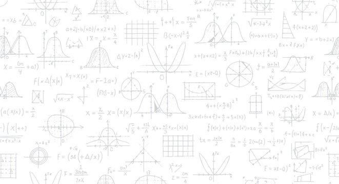 Abstract scientific background with sine waves, coordinate axes, and complex mathematical equations for engineering and physics concepts, high tech
