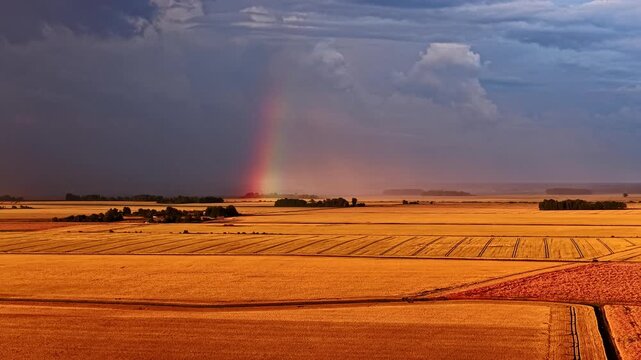 A vivid rainbow touches down over vast golden harvested wheat fields beneath a stormy sky - aerial 4k