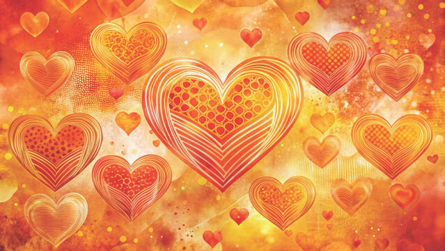Romantic seamless background filled with various red hand-drawn hearts background 