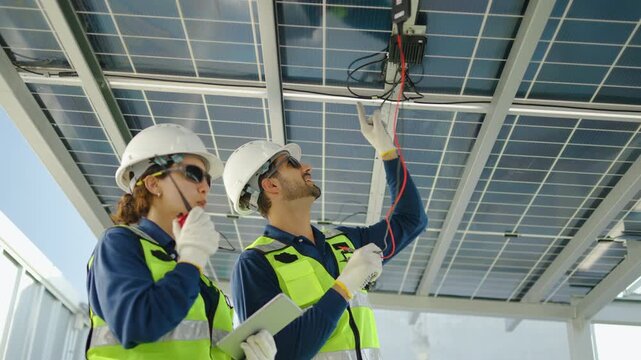 Two professional engineers inspecting solar panel wiring and using a tablet for maintenance management. Teamwork for renewable energy, sustainability, and green power technology on a bright sunny day.