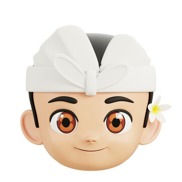 Cute boy character wearing white udeng headcloth, representing Balinese culture, spirituality, identity, and heritage in Indonesian traditional costume illustration style design.
